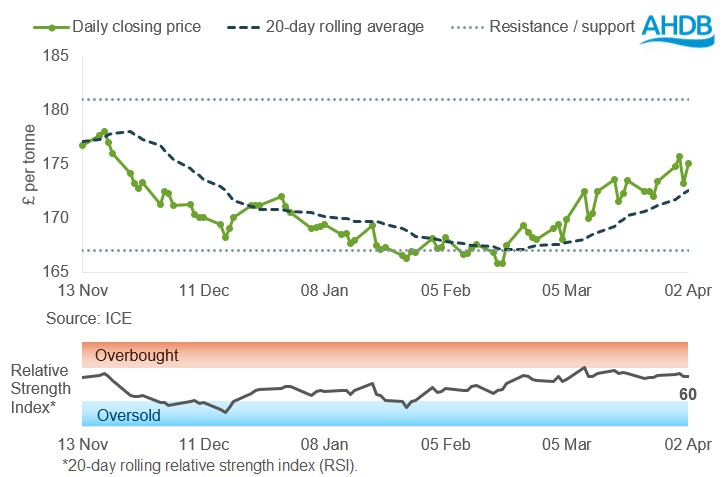 Line graph showing UK feed wheat futures prices May-26 contract (£/tonne).